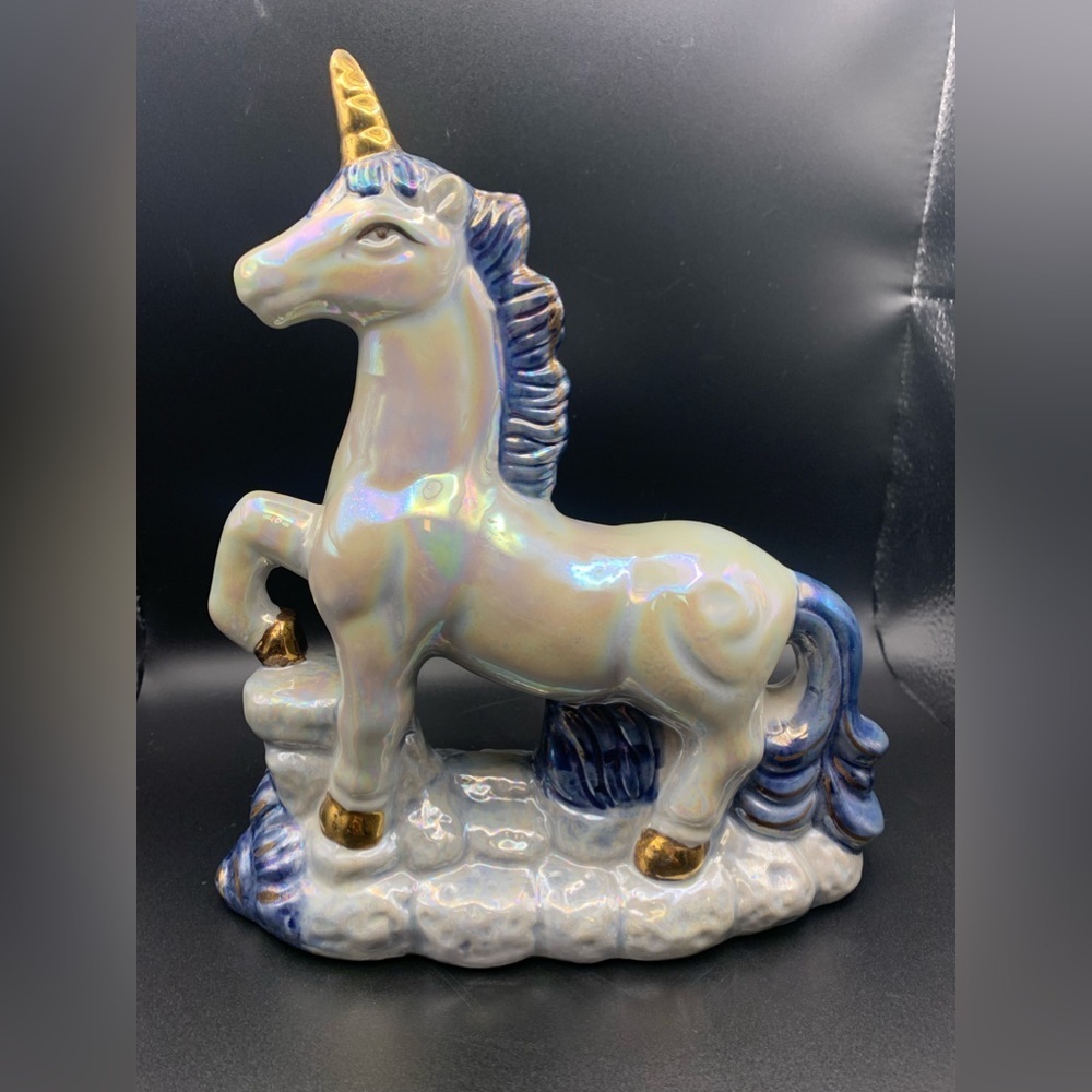 Vintage Luster 8.5" Unicorn Figurine Blue Gold Iridescent Opalescent Ceramic